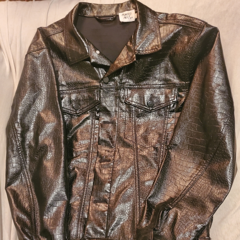 Princess Polly Black Crocodile-Textured Vegan Leather Oversized Moto Jacket S/M